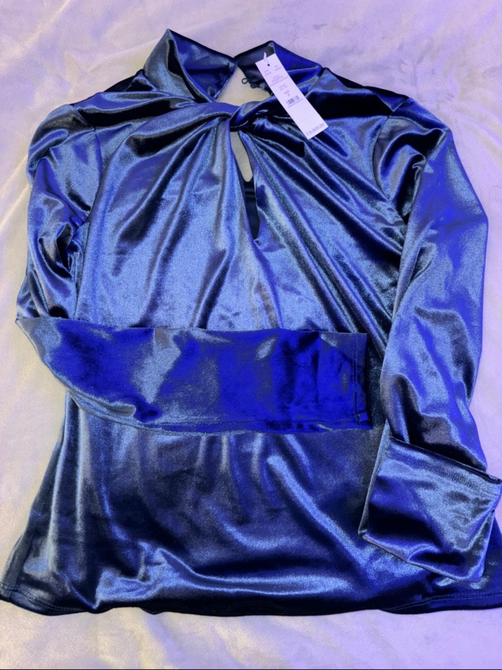 White House Black Market Shiny Navy Blue Long-Sleeve Keyhole Blouse